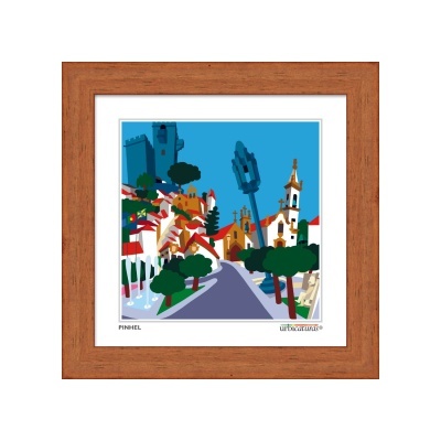 Quadro com imagem gráfica de rua em Pinhel com moldura de madeira