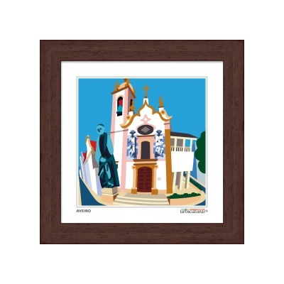 Ilustração colorida de igreja com azulejos e estátua em moldura castanha