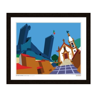 Quadro decorativo com castelo e igreja em estilo gráfico colorido