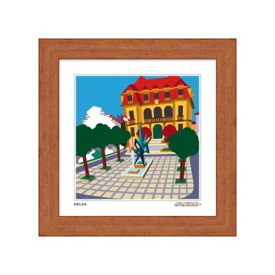 Quadro decorativo com moldura de madeira e ilustração colorida de edifício e praça
