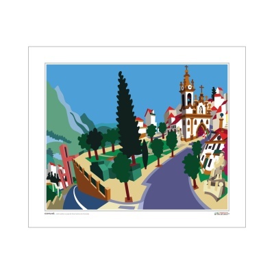 Ilustração estilizada de vila com estrada, árvores e igreja com torres douradas