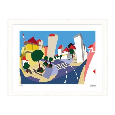 Gravura emoldurada com ilustração urbana colorida.