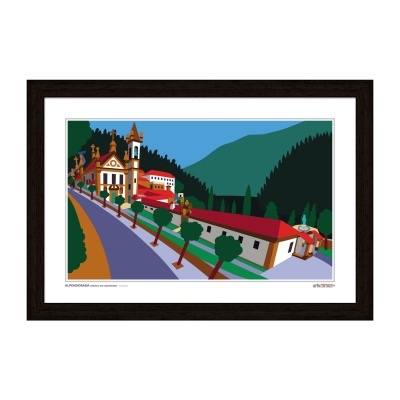 Ilustração colorida de paisagem com edifícios, árvores e montanhas em quadro com moldura escura