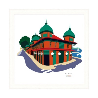 Ilustração de edifício colorido com torres verdes e telhado vermelho