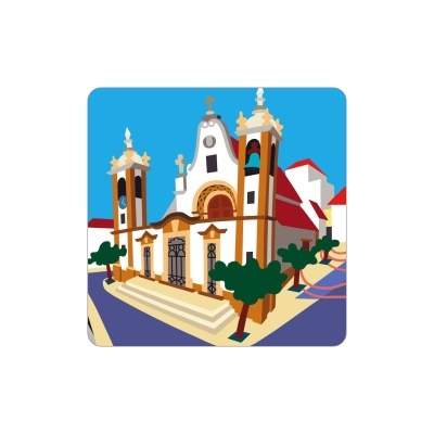 Ilustração digital de uma igreja com paredes brancas e detalhes castanhos