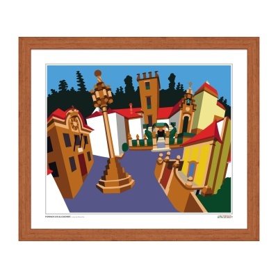 Quadro digital colorido com edifícios estilizados e poste de luz num cenário urbano.