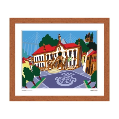 Gravura colorida de edifício com telhado vermelho, árvores e pontes ao fundo em moldura de madeira