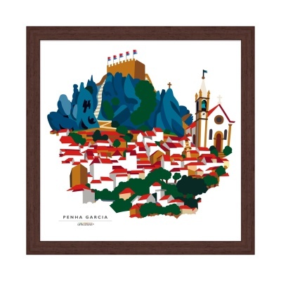 Quadro emoldurado com ilustração de Penha Garcia mostrando casas e igreja.