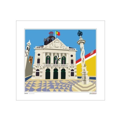 Ilustração de edifício histórico com bandeira e coluna decorativa ao lado
