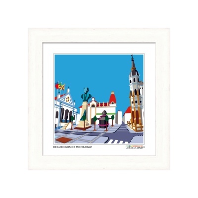 Imagem digital colorida em moldura branca de praça com edifícios e torre em Reguengos de Monsaraz