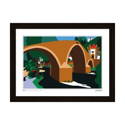 Ilustração colorida de ponte de arcos com vegetação e construção ao fundo, em moldura de madeira.