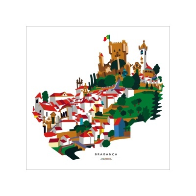 Ilustração do concelho de Bragança com castelo, casas e árvores