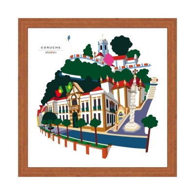 Ilustração digital colorida de uma cidade numa moldura de madeira