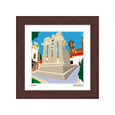Gravura artística do Templo Romano em Évora emoldurada com moldura de madeira castanha.