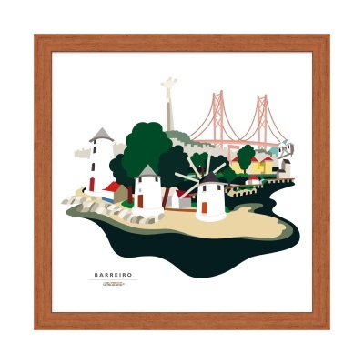 Ilustração de moinhos, árvores e ponte em moldura de madeira