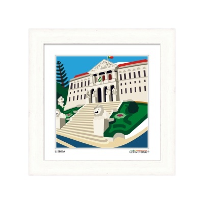 Ilustração de edifício oficial com escadaria, leões e bandeiras portuguesas