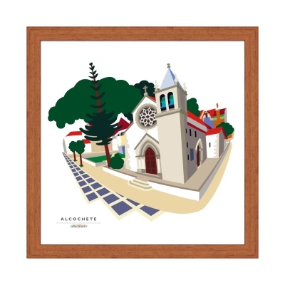Quadro decorativo com ilustração de igreja e árvores, moldura de madeira castanha