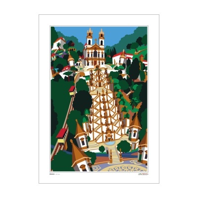 Ilustração colorida de escadaria monumental com igreja ao fundo e árvores verdes