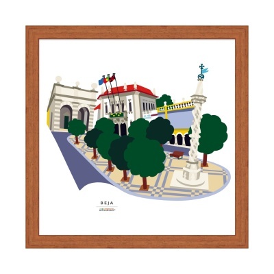 Ilustração de praça em Beja com árvores, monumento, edifícios e bandeiras em moldura de madeira