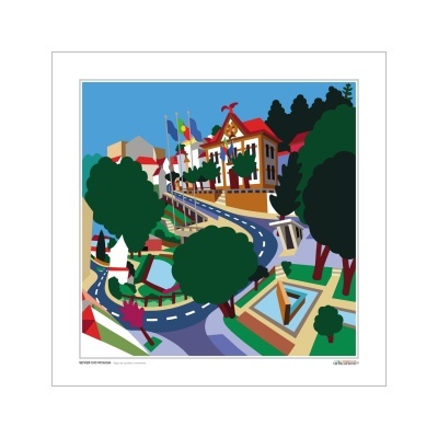 Ilustração digital de edifício com bandeiras, árvores e relógio de sol num jardim