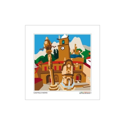 Ilustração colorida de Castelo Novo com edifícios históricos e montanhas ao fundo.