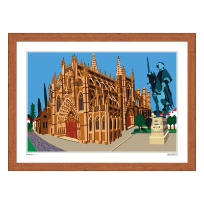 Serigrafia em moldura de madeira com catedral gótica e estátua a cavalo