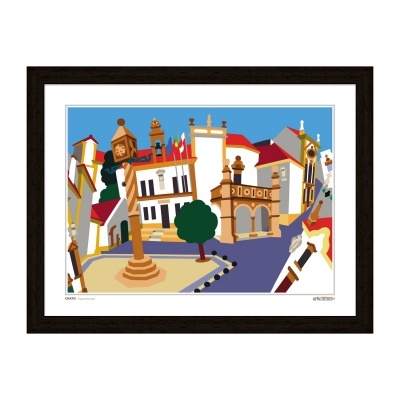 Ilustração colorida de praça histórica com moldura preta