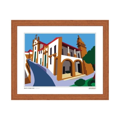 Quadro com ilustração estilizada de edifícios tradicionais com paredes brancas e telhados vermelhos