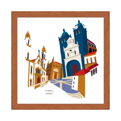 Quadro decorativo com impressão gráfica de monumentos de Viseu em moldura de madeira