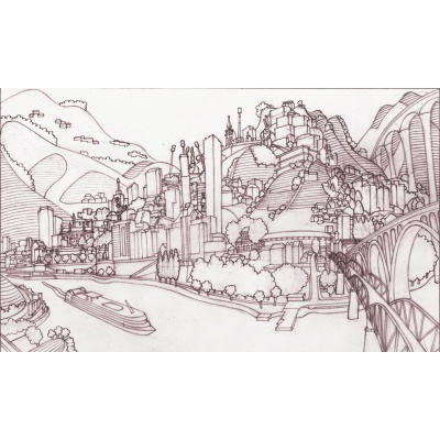 Desenho a tinta de paisagem urbana com rio, barcos, edifícios e montanhas