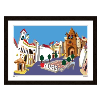Ilustração estilizada da cidade de Elvas com edifícios coloridos e céu azul em moldura preta