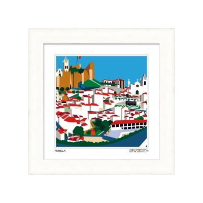Ilustração colorida da vila de Penela em quadro com moldura branca