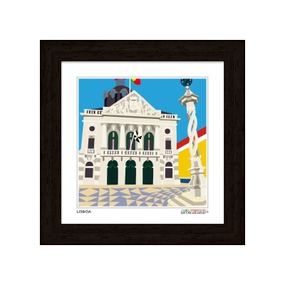 Quadro artístico de edifício clássico em Lisboa com azulejos e coluna decorativa