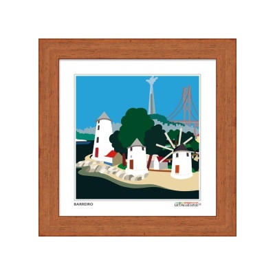 Ilustração colorida de moinhos de vento brancos numa moldura de madeira castanha