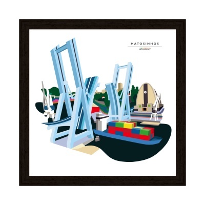 Ilustração digital colorida do porto de Matosinhos com guindastes e navio de contentores