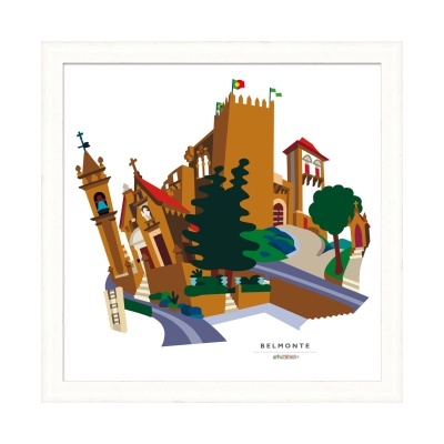 Ilustração colorida arquitetónica de Belmonte em moldura branca
