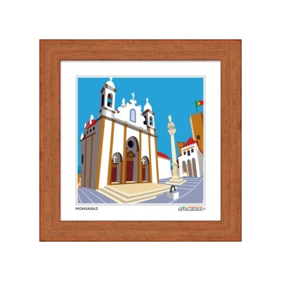 Ilustração de igreja branca com moldura de madeira