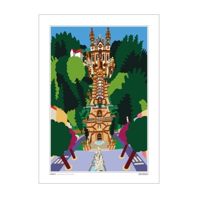 Ilustração gráfica de uma igreja barroca com escada e árvores