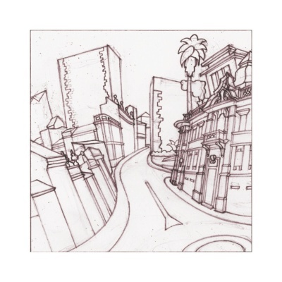 Desenho a lápis de rua urbana com edifícios e palmeira