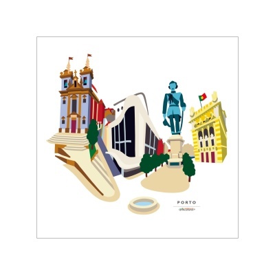 Ilustração digital de marcos arquitetónicos de Porto com texto PORTO e ARTEPOP