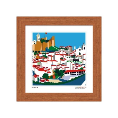 Imagem colorida de paisagem urbana com castelo e casas brancas, moldurada em madeira