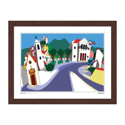 quadro com reprodução artística colorida de vila com casas brancas e caminho azul