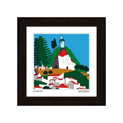 Imagem estilizada de paisagem urbana com igreja e árvores, quadro emoldurado