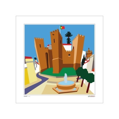 Ilustração gráfica de castelo castanho com bandeira de Portugal e fonte azul