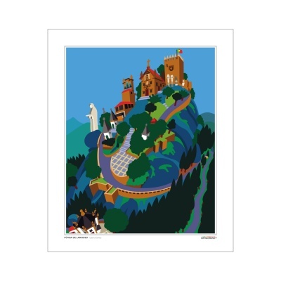 Ilustração de caminho com castelo, estátua e árvores numa colina