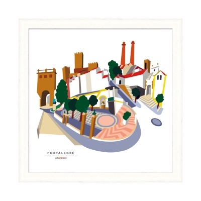 Ilustração colorida de edifícios históricos e monumentos de Portalegre numa moldura branca