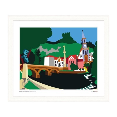 Gravura artística colorida com paisagem urbana, ponte, igreja e escultura, em moldura branca