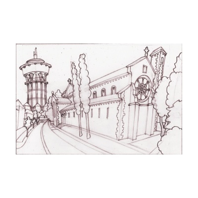 Desenho a tinta monocromático de edifícios e árvores ao longo de uma rua