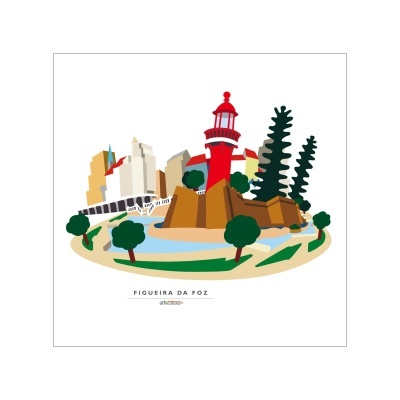 Ilustração colorida da Figueira da Foz com farol, árvores e edifícios em fundo branco