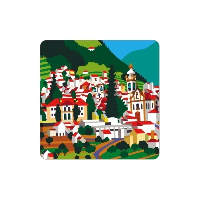 ilustração colorida de vila com casas e igreja